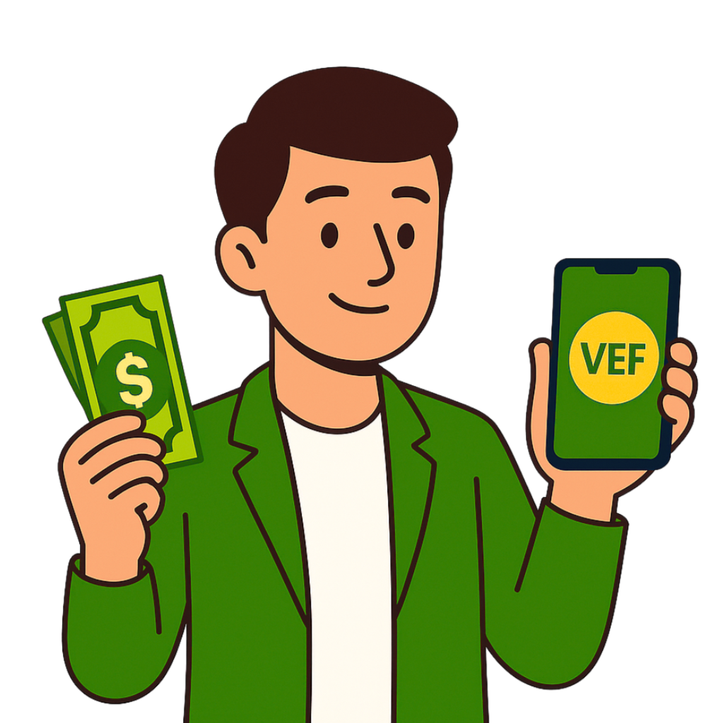 Combina pagos en dos monedas – Frontino Joven empresario mostrando efectivo y un teléfono para representar pagos en USD y VEF.