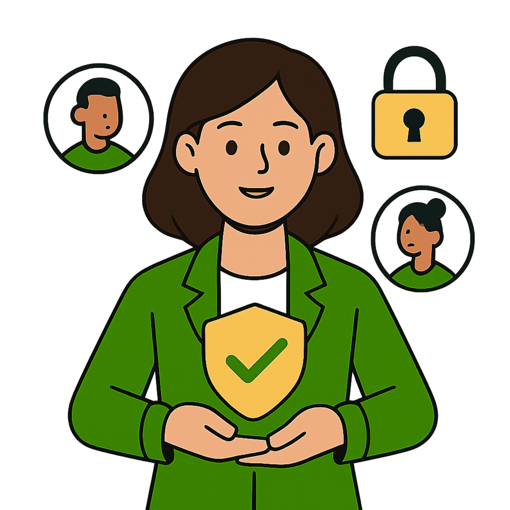 Joven empresaria sosteniendo un escudo junto a íconos de equipo y un candado, simbolizando colaboración segura.