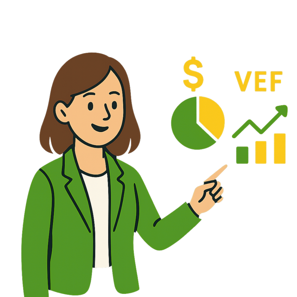 Joven empresaria presentando gráficos de flujo de caja en USD y VEF.