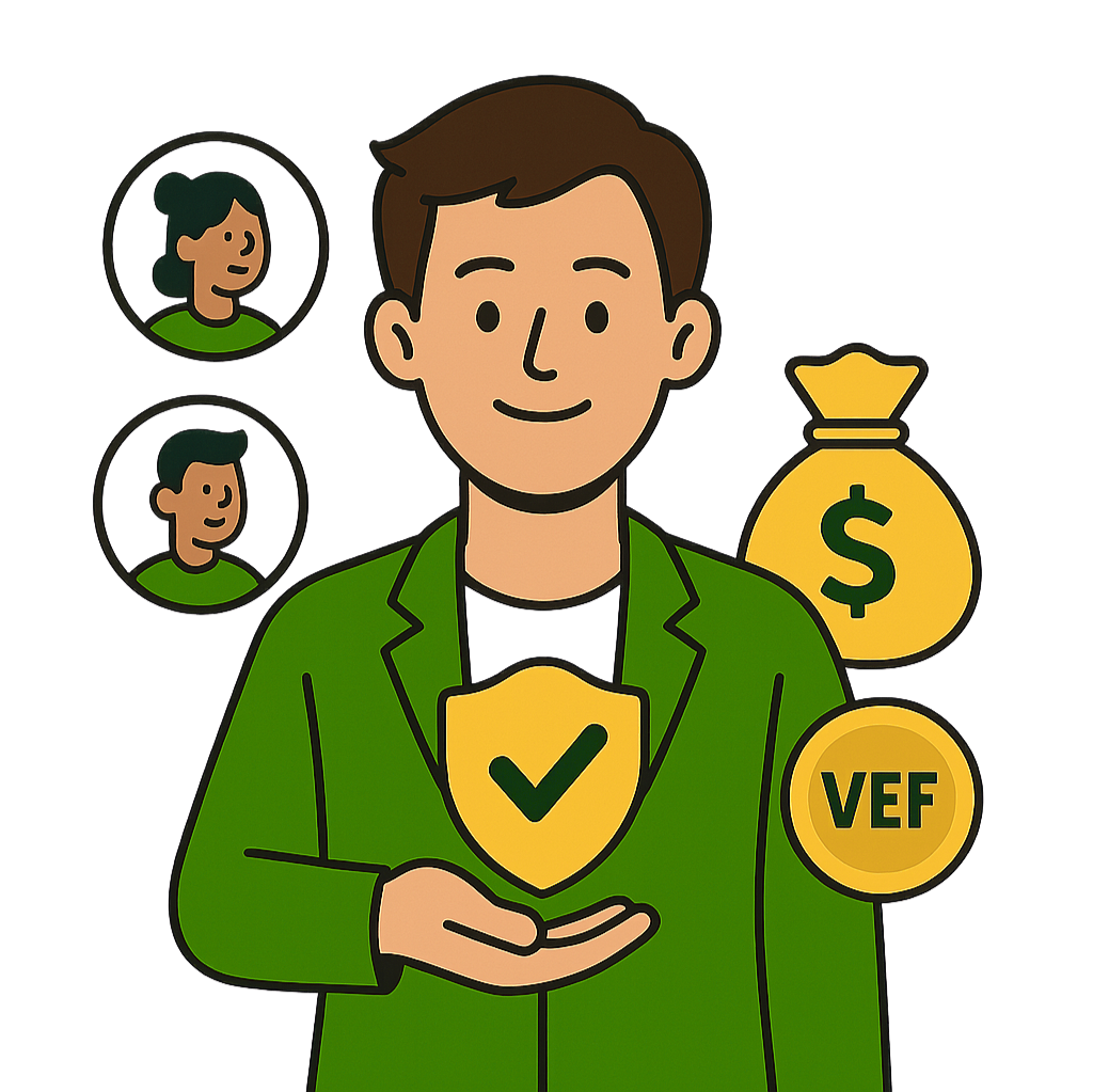 Joven empresario administrando salarios con íconos de bolsa de dinero y moneda VEF.