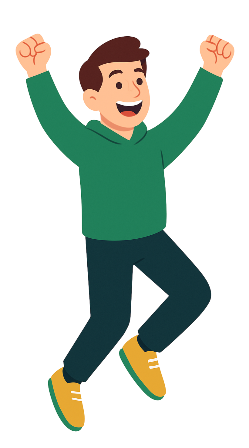 Celebra tu éxito financiero – Frontino Joven empresario saltando de alegría, vistiendo una chaqueta verde y zapatillas amarillas, celebrando el éxito.