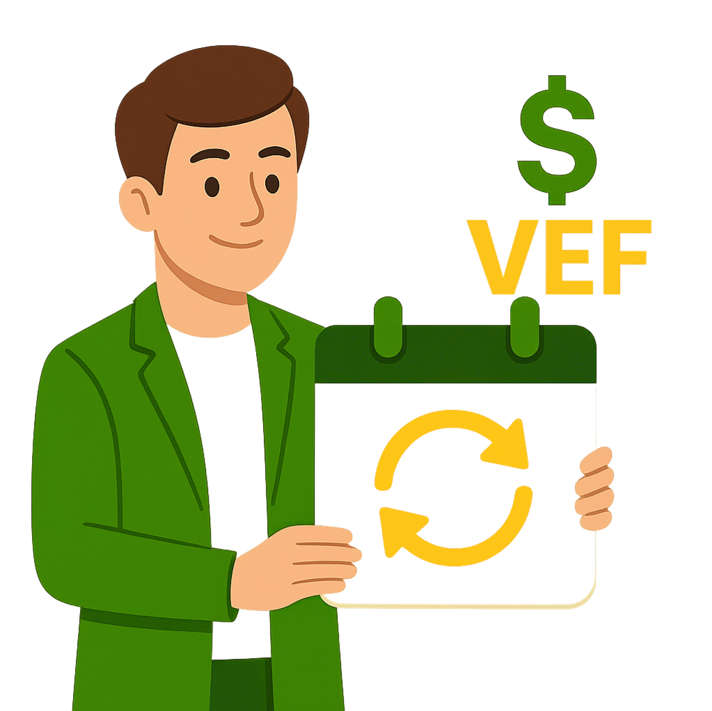 Joven empresario actualizando la tasa de cambio diaria con un calendario y símbolos de USD y VEF.